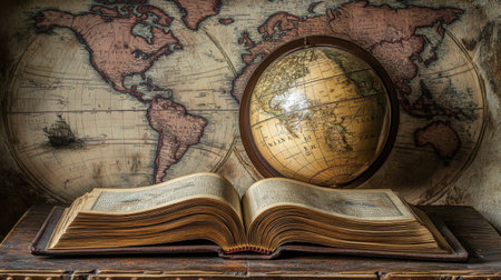 An antique globe and an open book lie on a wooden table, set against a vintage world map. This evocative image represents exploration, education, and the timeless pursuit of knowledge.の素材