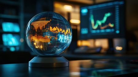 A digital globe showcasing data visualization in a modern office. The background features a computer monitor displaying financial analytics, conveying themes of technology, innovation, and global connectivity.の素材