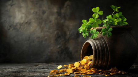 A rustic pot tipped over, spilling shiny gold coins surrounded by vibrant green clover leaves. This still life symbolizes luck and prosperity.の素材