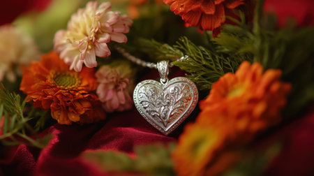 A stunning silver heart pendant with intricate designs rests among vibrant flowers. This charming arrangement captures romance and elegance, perfect for jewelry lovers.の素材