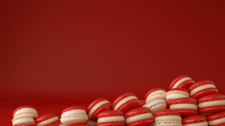 A stunning arrangement of red and white macarons against a vibrant red background, perfect for showcasing sweetness and festive occasions. Ideal for culinary inspiration.の素材