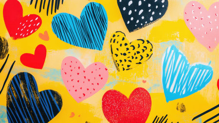 Vivid heart patterns in various colors on a bright yellow background, perfect for creative projects, invitations, and celebration themes, radiating fun and joy.の素材