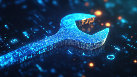 This digital illustration features a glowing wrench made of binary code against a dark background, symbolizing technology, innovation, and modern engineering concepts.の素材