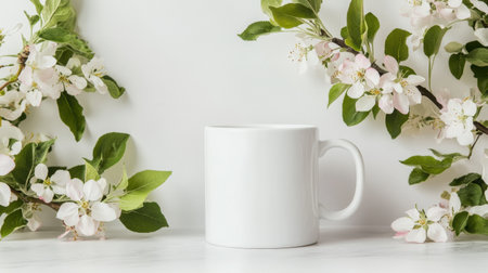 A white mug placed in a serene setting, encircled by delicate blooming flowers. Perfect for showcasing beverage concepts or home decor ideas.の素材