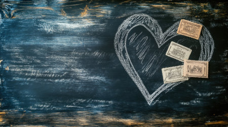 A heart shape drawn in chalk on a rustic chalkboard with vintage stamps. This artistic representation evokes feelings of love and nostalgia, perfect for various creative projects.の素材