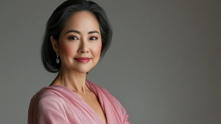 This elegant portrait features a confident woman exuding grace and charm. With a soft expression and subtle makeup, she embodies beauty and sophistication in a serene setting.の素材