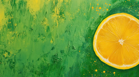 This image showcases a vibrant lemon slice against a lively abstract green background. The fresh colors evoke feelings of health and summer, ideal for culinary themes.の素材