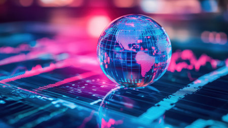 A striking globe sits on a reflective surface, surrounded by vibrant digital visuals, symbolizing global data trends and analytics in a modern business environment.の素材