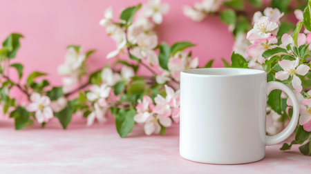 A fresh white mug sits gracefully among beautiful pink flowers, creating a serene spring atmosphere. Perfect for showcasing beverages or nature-inspired themes.の素材