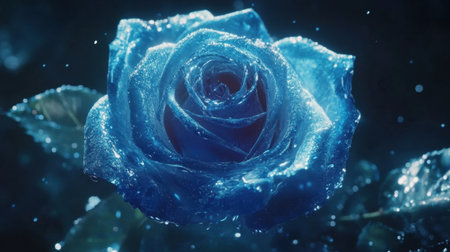 This striking close-up of a blue rose features glistening water droplets on its vibrant petals, captured against a dark, atmospheric background, showcasing its beauty.の素材