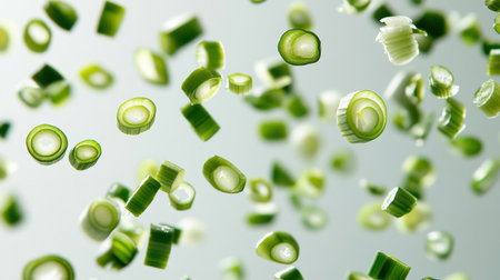 A dynamic composition of fresh green onions in motion, emphasizing culinary freshness and vibrant colors. Perfect for food-related projects and healthy recipes.の素材