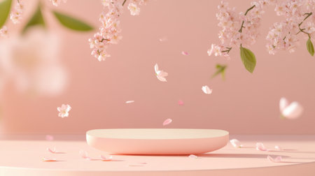 A serene minimalist display featuring soft pink colors, delicate flower petals, and beautiful botanical elements, perfect for creative project inspiration.の素材