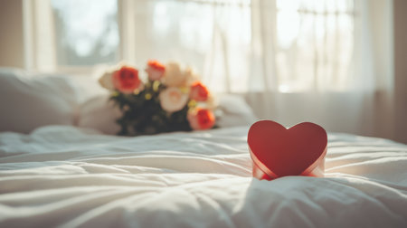 A beautiful romantic scene featuring a heart shape in focus on soft bedding, complemented by a bouquet of flowers in gentle morning light, evoking warmth and love.の素材