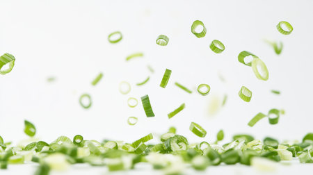 Freshly chopped green onions capture the essence of vibrant cooking, falling gracefully against a clean white background, ideal for culinary projects.の素材