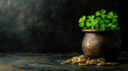 A rustic pot filled with shiny golden coins alongside vibrant clover leaves. This enchanting scene symbolizes luck and prosperity against a dark backdrop.の素材