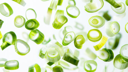 Vibrant green onion slices fall gracefully against a bright backdrop, showcasing their fresh texture and color. Ideal for culinary use and food art.の素材