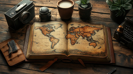 An enchanting vintage map rests in an open book, surrounded by a classic camera, potted plants, and a warm cup of coffee, evoking a sense of adventure.の素材