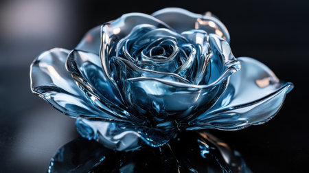 A stunning blue glass rose sculpture showcases exquisite craftsmanship, perfect for decorative purposes. Its reflective surface enhances elegance and beauty.の素材