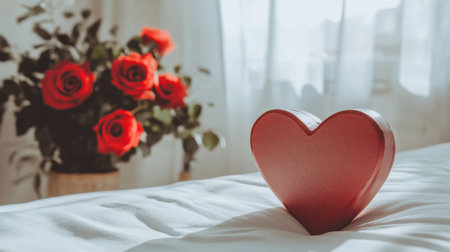 A charming heart-shaped box sits on a soft surface beside a bouquet of vibrant red roses, capturing the essence of romance and intimate moments in gentle light.の素材