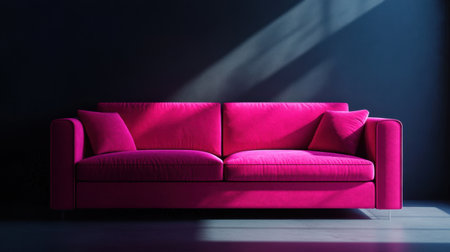 A vibrant pink sofa sits elegantly in a dark room, showcasing modern design and comfort. Soft cushions and gentle shadows create a cozy atmosphere.の素材