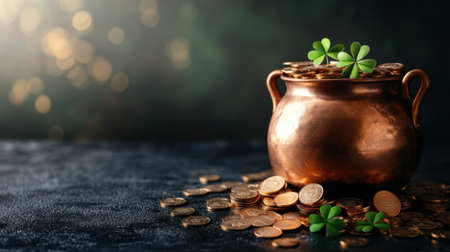 An artistic arrangement showcasing a copper pot filled with gold coins and vibrant clover leaves, symbolizing luck and prosperity. Perfect for seasonal themes.の素材