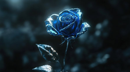 A captivating blue rose illuminated by soft lighting creates an enchanting atmosphere. The glowing petals enhance its elegance, making it a perfect subject for floral art and nature photography.の素材