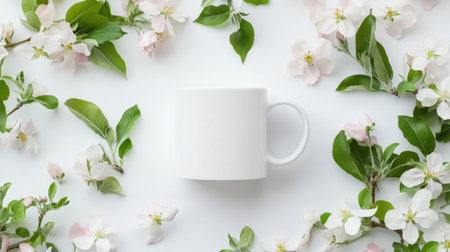 A minimalist scene featuring a white mug surrounded by soft pink apple blossoms and lush green leaves, perfect for showcasing beverages or spring themes.の素材