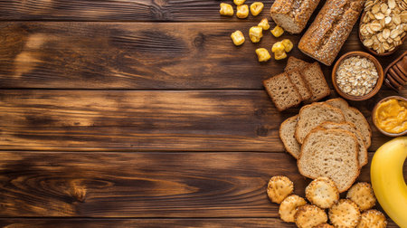 A vibrant display of assorted healthy snacks including bread, oats, and banana on a rustic wooden table. Perfect for promoting nutritious meal options and wholesome eating.の素材