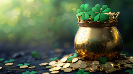 A vibrant golden pot filled with shiny coins and adorned with shamrocks. This enchanting scene evokes feelings of luck and wealth, perfect for festive celebrations.の素材