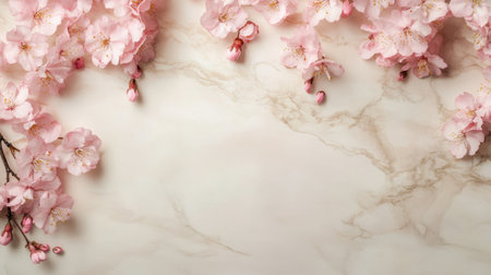 A stunning arrangement of delicate pink cherry blossoms on a smooth marble background, creating a serene and elegant atmosphere perfect for springtime themes.の素材