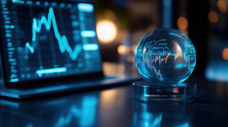 A crystal globe sits on a desk beside a laptop displaying financial graphs and data in a dimly lit office, symbolizing global finance and analysis.の素材