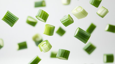 Vibrant green onion slices floating in mid-air create a dynamic and fresh culinary scene. Perfect for cooking, healthy meals, or food styling.の素材