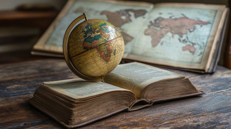 A vintage globe rests on an open book, with a world map in the background, representing education and exploration. This warm, inviting scene is perfect for themes of travel and knowledge.の素材
