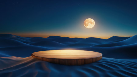 A tranquil moonlit landscape features a wooden platform surrounded by soft sand dunes under a starry sky, evoking a sense of calm and peace.の素材