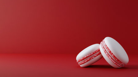 Two elegant French macarons with a smooth white exterior and red filling sit stylishly against a vibrant red background, perfect for culinary photography.の素材