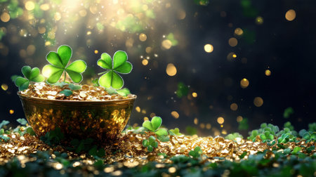 A mesmerizing image featuring a bowl filled with shimmering gold coins and vibrant clover leaves, illuminated by soft, magical light, evoking feelings of luck and prosperity.の素材