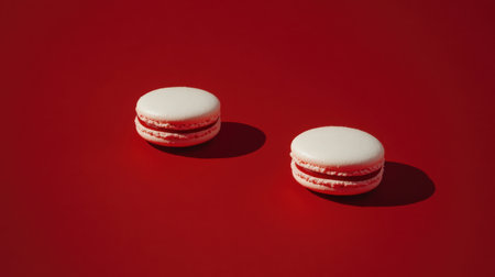 Two elegant white macarons resting on a vibrant red background. This minimalist composition highlights the texture and sweetness of these delightful desserts. Perfect for food-related projects.の素材