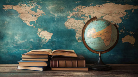 A vintage world map serves as a backdrop to an antique globe and stacked books, creating an educational and inspirational atmosphere perfect for learning and exploration.の素材