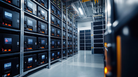 Explore a modern data center featuring advanced servers and technology equipment. The layout emphasizes efficiency and innovative design, showcasing a high-tech environment.の素材