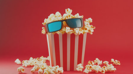 A playful popcorn cup wearing sunglasses sits on a vibrant red background, perfect for conveying fun and entertainment related to snack time during movies or parties.の素材