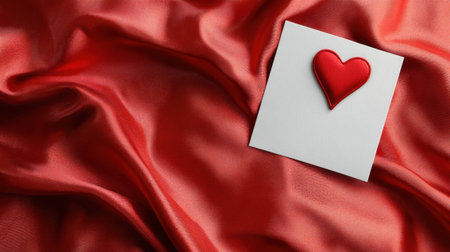 A vivid red heart sits atop a white card, elegantly placed on rich satin fabric. This image symbolizes love and affection, making it perfect for romantic themes.の素材
