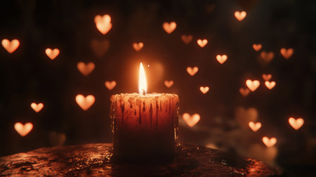 A single flickering candle illuminates a dark space, surrounded by soft heart shapes. This enchanting scene evokes warmth, romance, and tranquility. Perfect for love-themed projects.の素材