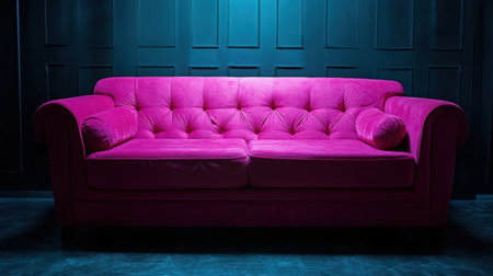 A striking pink sofa stands out in a modern interior, featuring a dark background. The plush upholstery invites comfort while adding a bold pop of color to the space.の素材