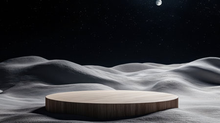 A minimalist display platform rests on a lunar landscape under a starry sky, highlighting the serene and desolate beauty of space. Ideal for creative projects.の素材