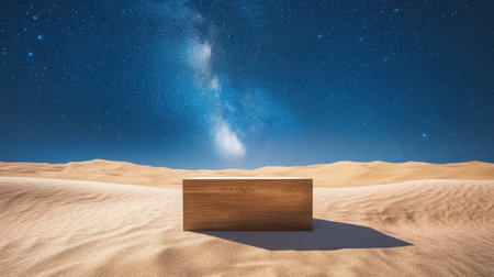 A wooden box stands alone in a vast desert landscape under a stunning night sky, showcasing the Milky Way. The scene evokes feelings of tranquility and mystery.の素材