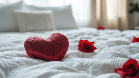 A cozy bedroom scene featuring a heart-shaped pillow and red roses scattered on a soft, inviting bed. Perfect for romantic settings and celebrations.の素材