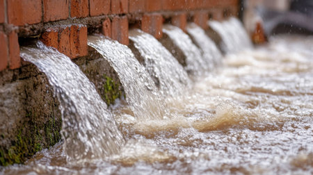 Water flows from brick openings into a flooded area, depicting urban drainage during a rainy season. The scene highlights nature's power and beauty.の素材