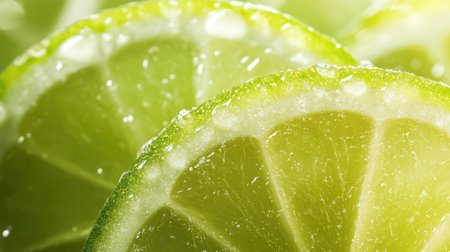 Close-up of freshly sliced limes with glistening dew drops, highlighting their vibrant green color and refreshing appearance, perfect for culinary or beverage use.の素材