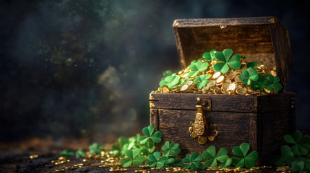 An ornate vintage treasure chest filled with shimmering gold coins and vibrant green clovers creates a magical scene of luck and abundance, perfect for festive occasions.の素材