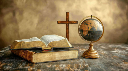 A beautifully arranged scene featuring an open Bible, a wooden cross, and a globe. This composition symbolizes faith, learning, and exploration, providing a warm and inviting atmosphere.の素材